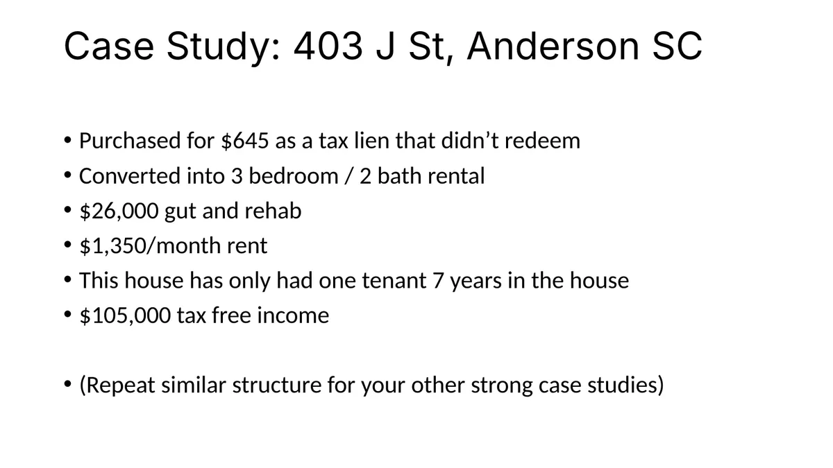 Slide 3: Case study: 403 J St, Anderson SC — Original slide — seven bullet points including a leftover drafting note
