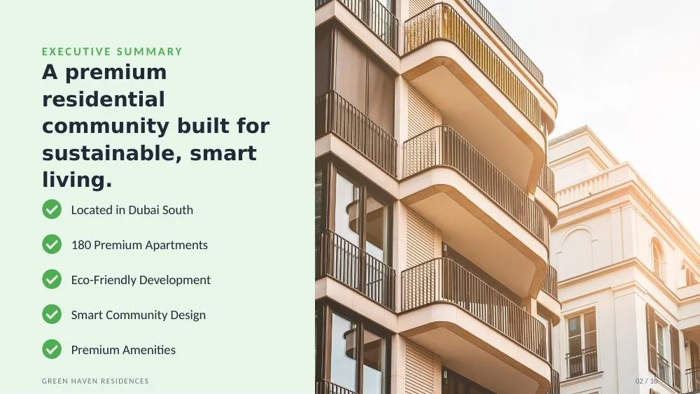 Executive summary slide with five checkmarked project highlights beside a building photo