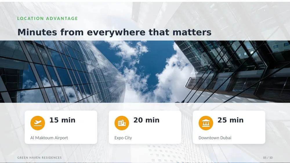 Location advantage slide showing travel times to airport, Expo City and Downtown