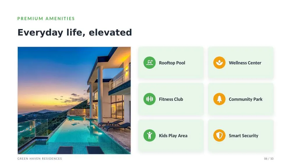 Premium amenities slide with a pool photograph and six amenity tiles