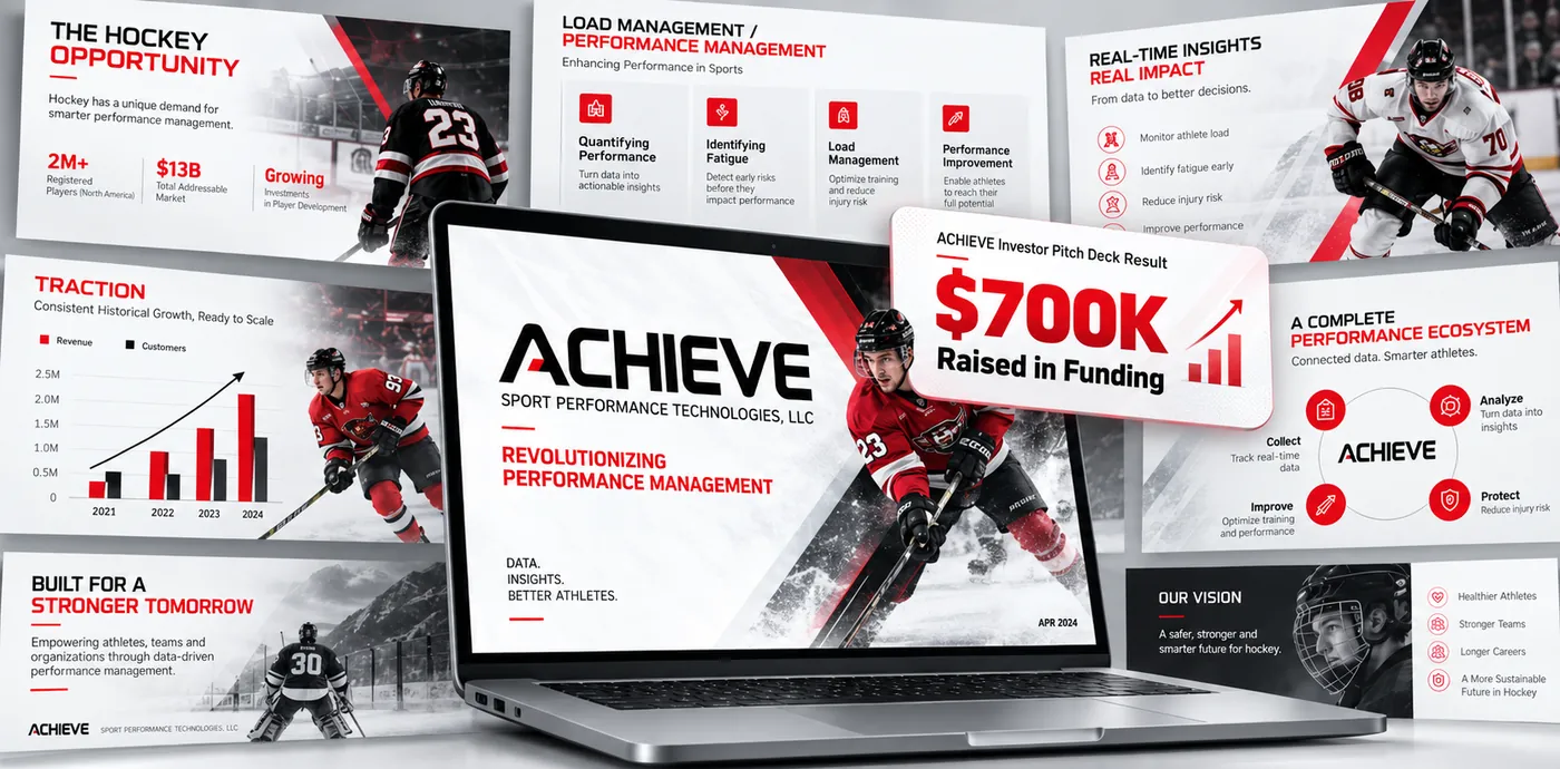 Achieve pitch deck after redesign — sport photography, bold red data highlights and clear traction charts
