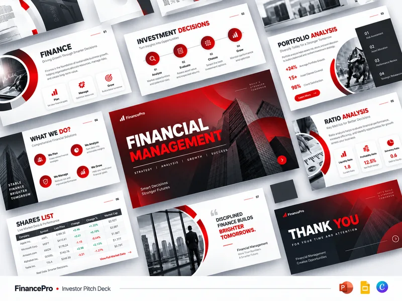 The same investor deck after redesign — strong section titles, one brand system and clearer data slides