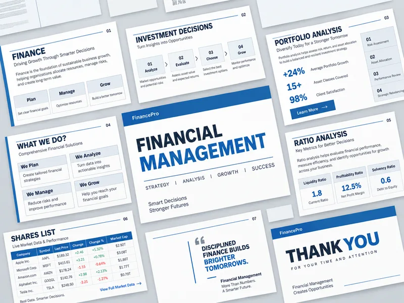 Investor deck before redesign — flat blue and grey slides with uniform layouts