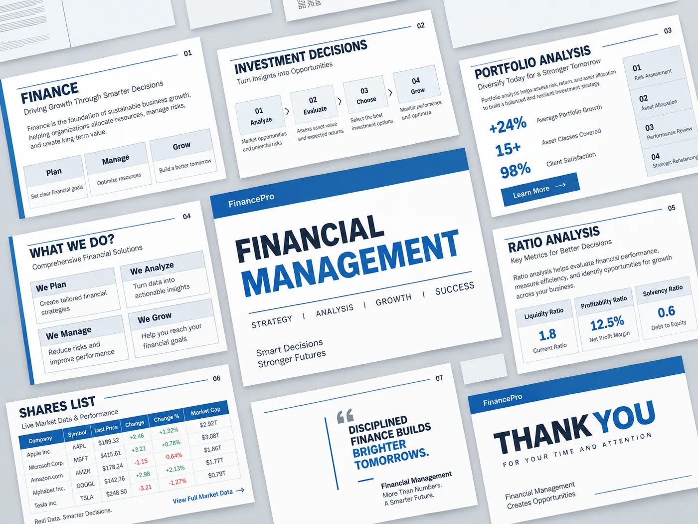 FinancePro investor deck before rebrand — blue and grey financial slides