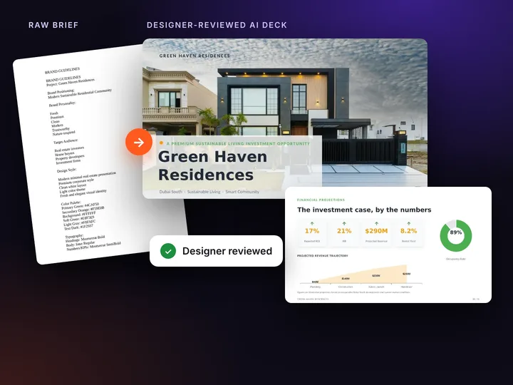 Raw text brief turned into a designer-reviewed AI investor deck — Green Haven example