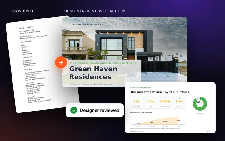 Raw text brief turned into a designer-reviewed investor deck