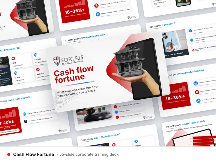 Cash Flow Fortune training deck after redesign — red brand panels, photography and icon-led slides