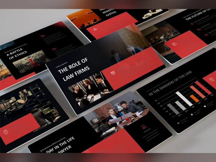 Law firm presentation design with dark editorial slides