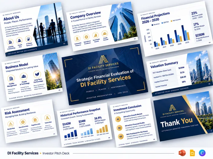 Corporate financial evaluation deck with valuation, risk and financial summary slides
