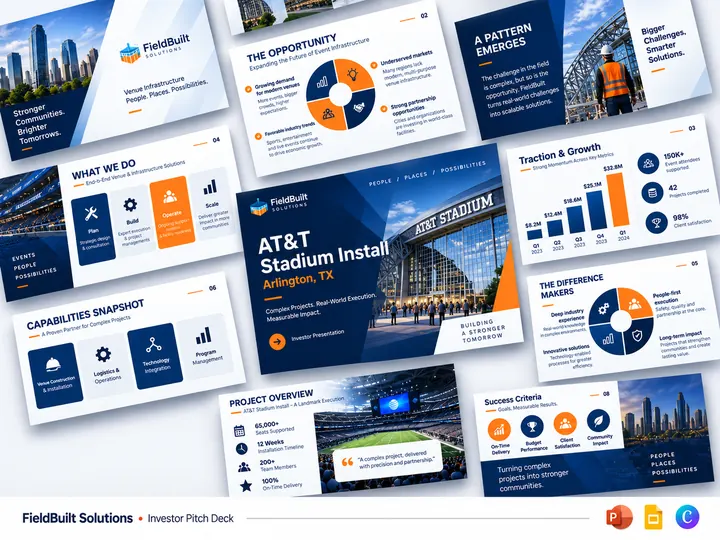 FieldBuilt Solutions investor pitch deck with project portfolio and stadium installation slides