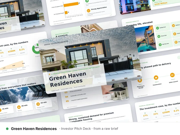 Green Haven Residences investor deck — cover, market, project overview and financial projection slides
