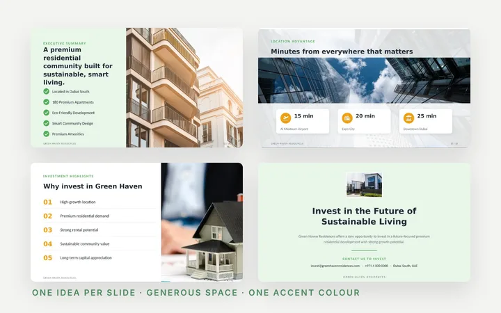 Minimal slides with one idea each and generous white space