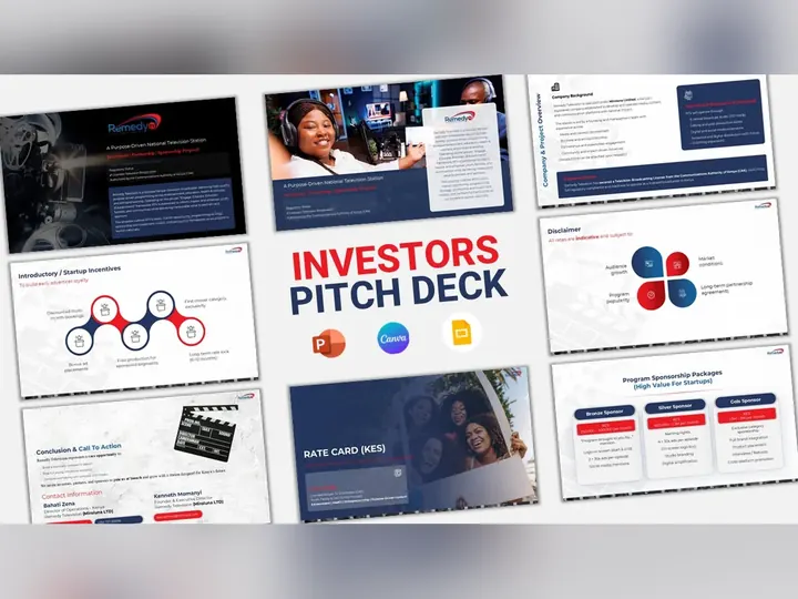 Investor pitch deck design for a media organisation