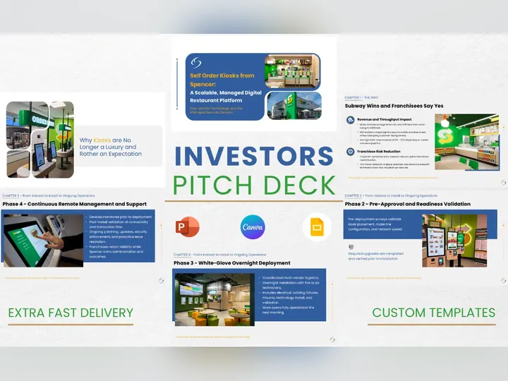 Investor pitch deck for a self-order kiosk platform for restaurant franchisees