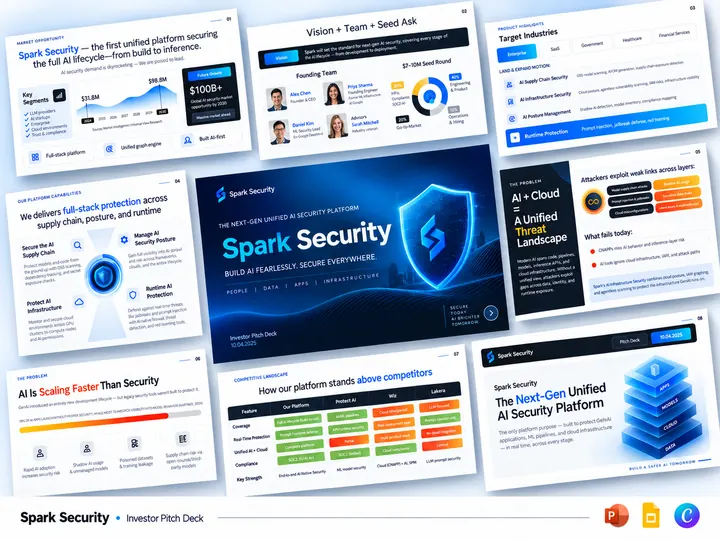Investor pitch deck for Spark Security, an AI cybersecurity startup
