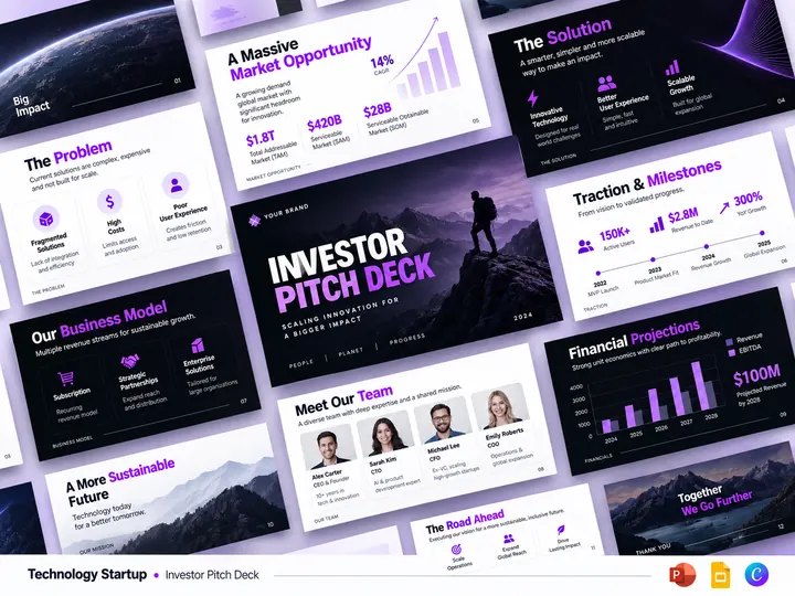 Technology startup investor pitch deck showing problem, solution, market opportunity, traction, team and financial projection slides